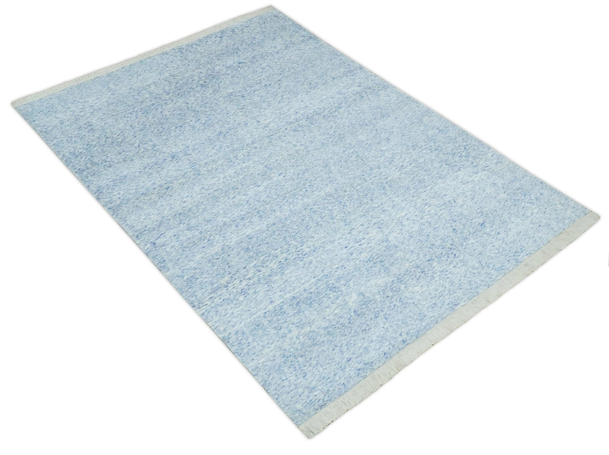 Modern Abstract Ivory and Blue 5.6x8 Hand Knotted Bamboo Silk Area Rug