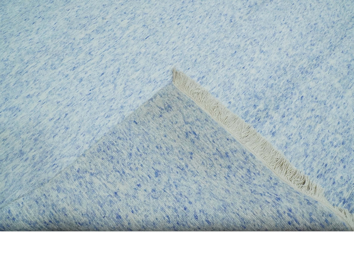 Modern Abstract Ivory and Blue 5.6x8 Hand Knotted Bamboo Silk Area Rug