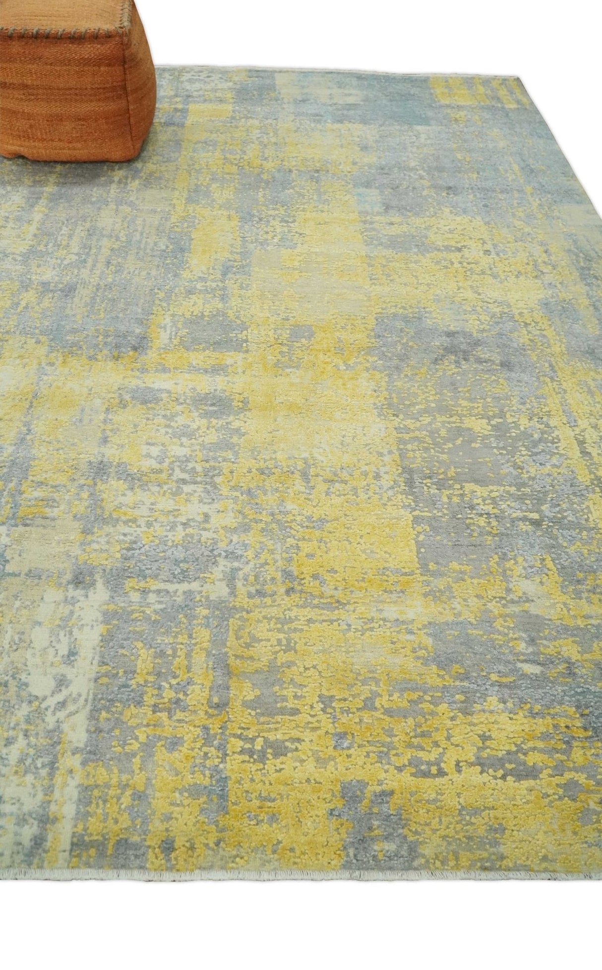 Modern Abstract Mustard, Gray, Teal and Ivory texture Hand Knotted 8x10 wool and Art Silk area rug
