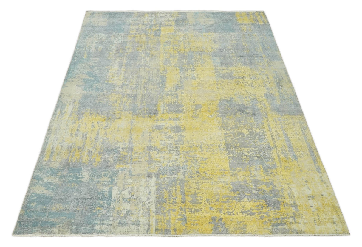 Modern Abstract Mustard, Gray, Teal and Ivory texture Hand Knotted 8x10 wool and Art Silk area rug-Area Rug-Parc Decor