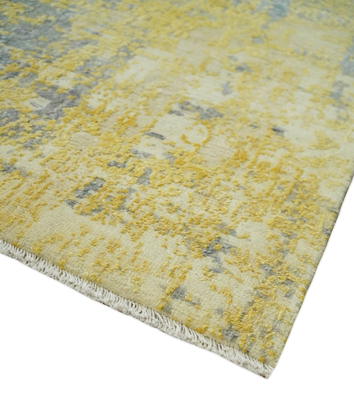 Modern Abstract Mustard, Gray, Teal and Ivory texture Hand Knotted 8x10 wool and Art Silk area rug-Area Rug-Parc Decor
