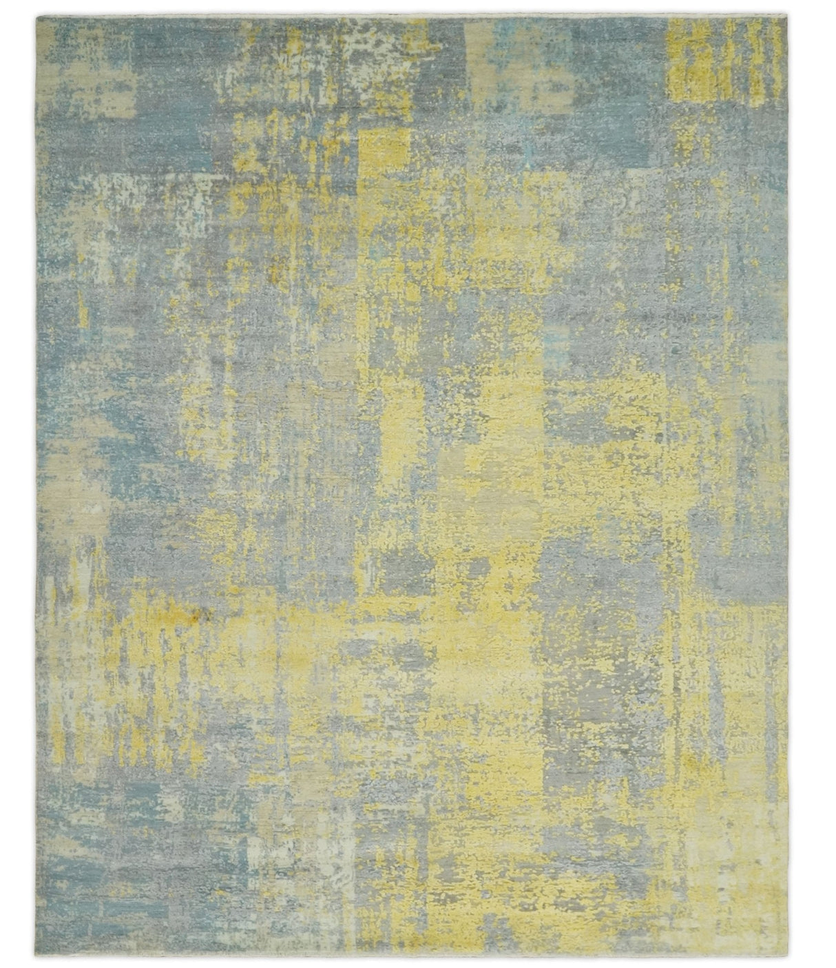 Modern Abstract Mustard, Gray, Teal and Ivory texture Hand Knotted 8x10 wool and Art Silk area rug-Area Rug-Parc Decor