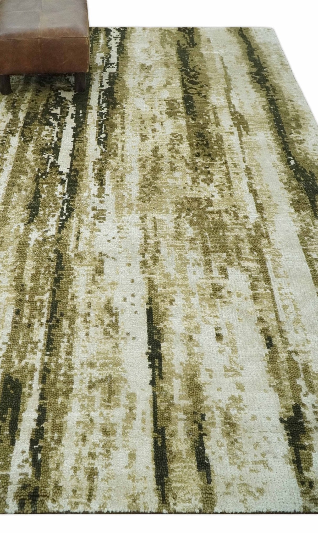 Modern Abstract Olive, ivory and Green Hand Knotted 5x8 wool and Art Silk Area Rug