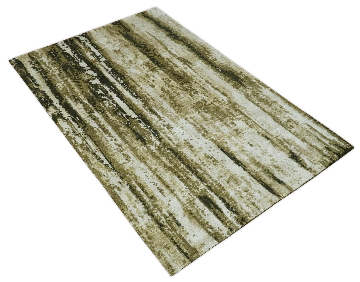 Modern Abstract Olive, ivory and Green Hand Knotted 5x8 wool and Art Silk Area Rug-Area Rug-Parc Decor