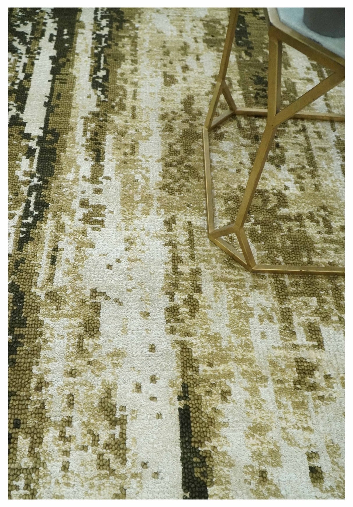 Modern Abstract Olive, ivory and Green Hand Knotted 5x8 wool and Art Silk Area Rug-Area Rug-Parc Decor