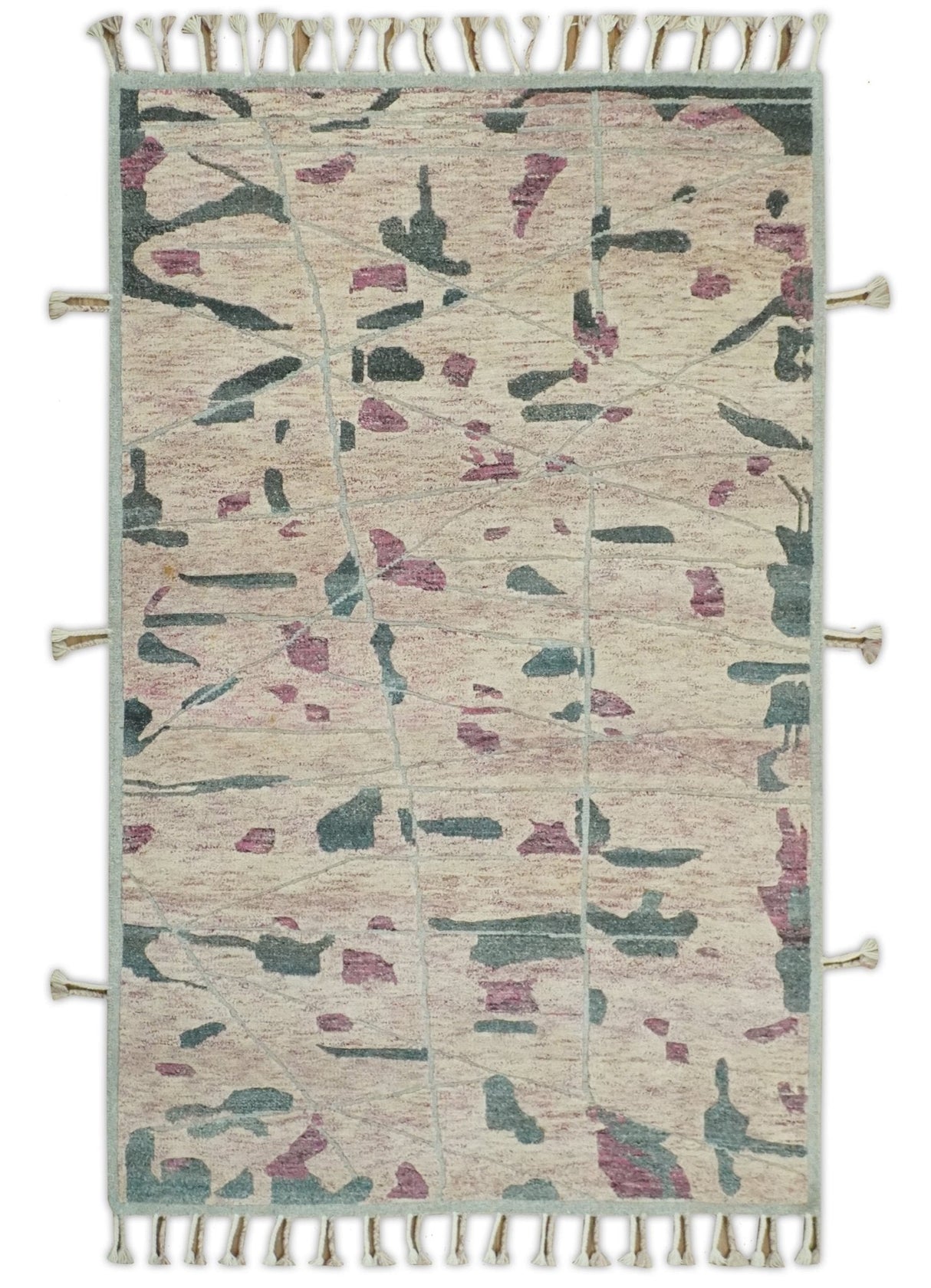 Modern Abstract Pink, Purple, Beige and Green Hand Knotted 5x8 wool Area Rug
