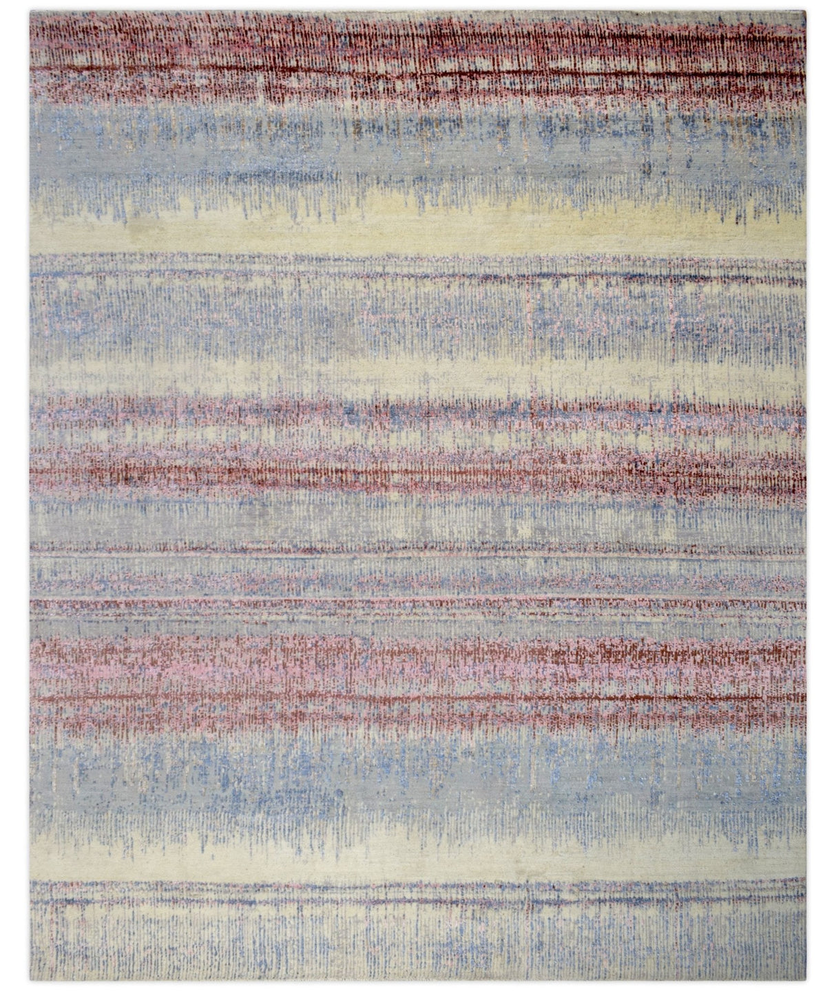 Modern Abstract Rust And Blue Hand Knotted Bamboo Silk 8x10 Area Rug