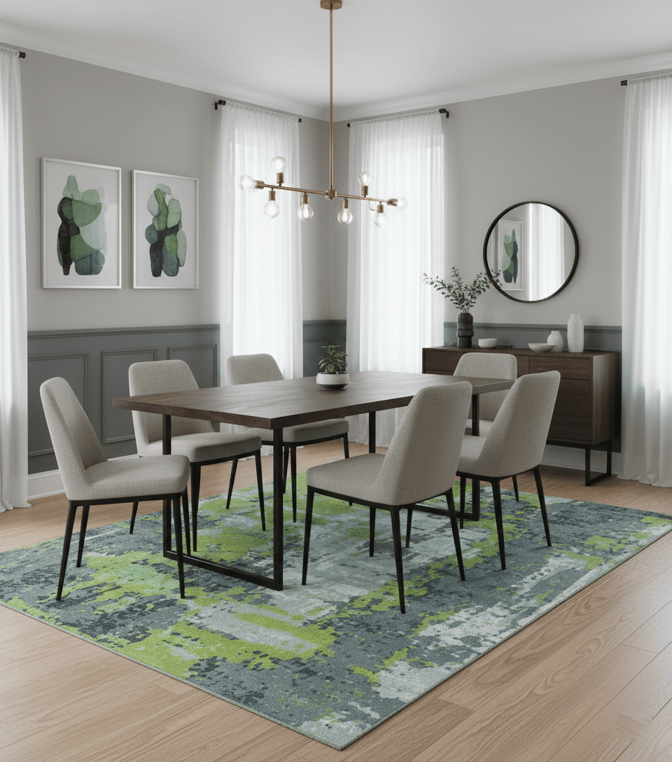 Modern Abstract Silver, Green and Gray Hand Knotted 8x10 Wool and Bamboo Silk Area Rug