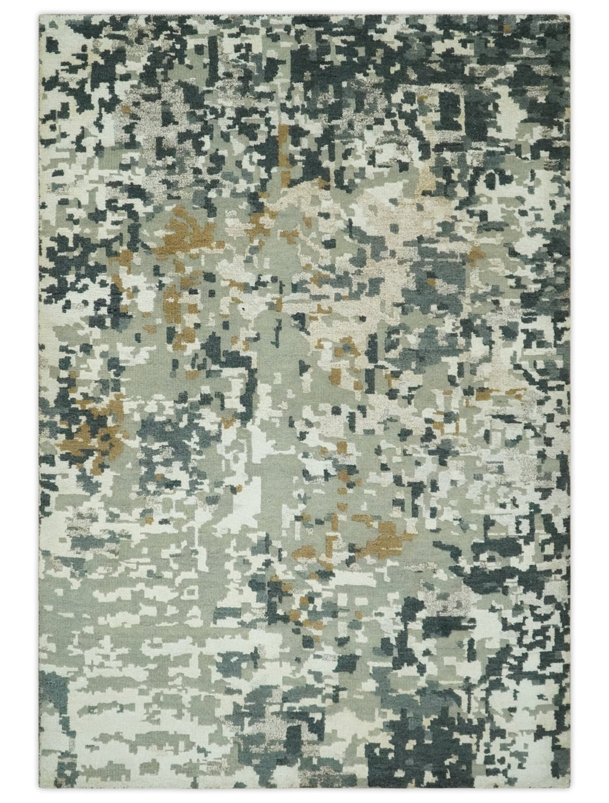 Modern Abstract Silver, Ivory, Charcoal and Olive Hand Knotted 5.6x8 wool Area Rug