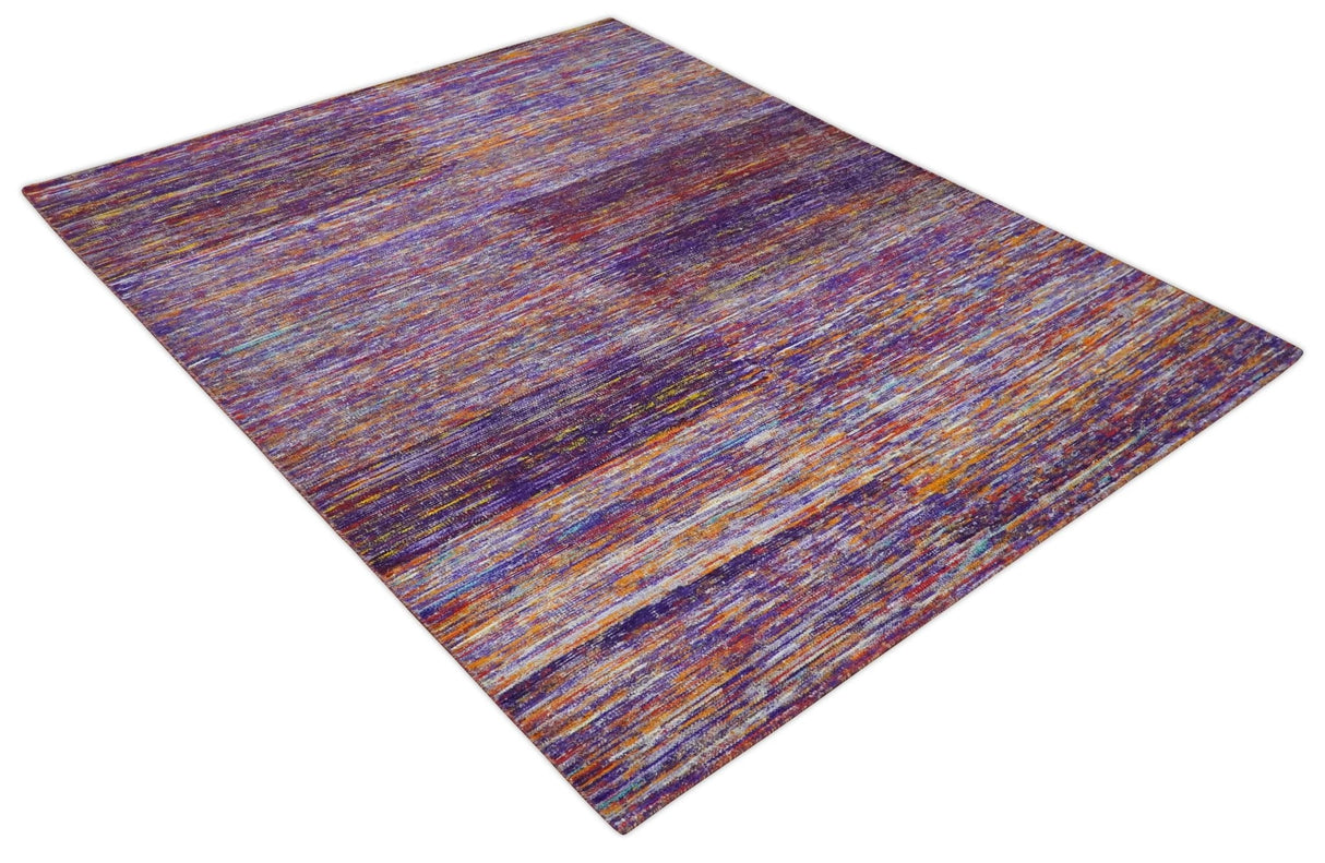 Modern Abstract Vibrant Colorful Violet, Gold, Rust and Ivory Hand knotted Flat Woven 8x10 wool Area Rug