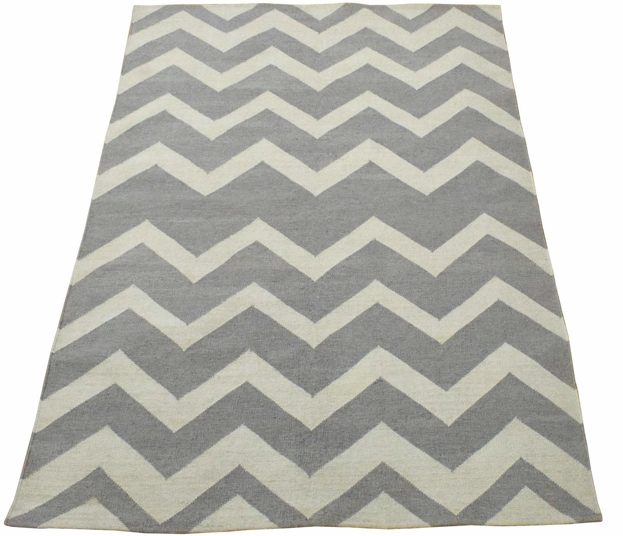 Modern Chevron Gray and Beige Dhurrie Wool Polyester 5x8 Rug