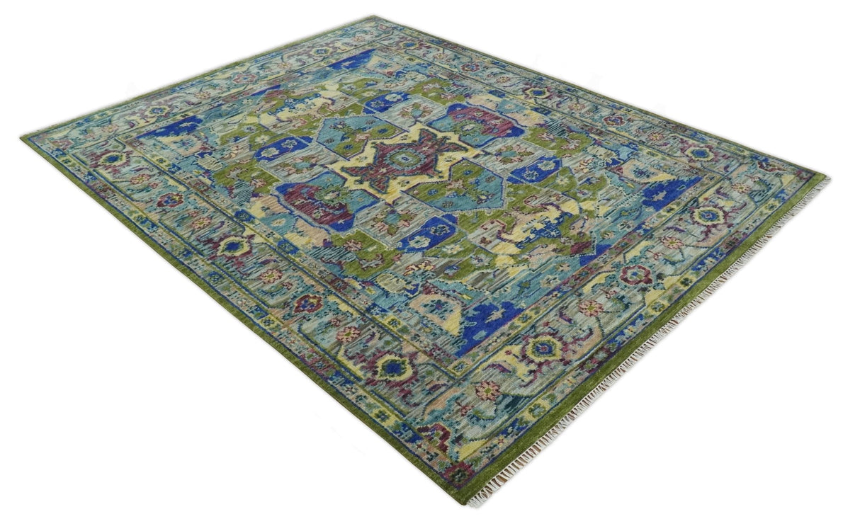 Modern Colorful Moss Green, Blue and Silver Traditional Turkish Design Heriz Wool Area Rug