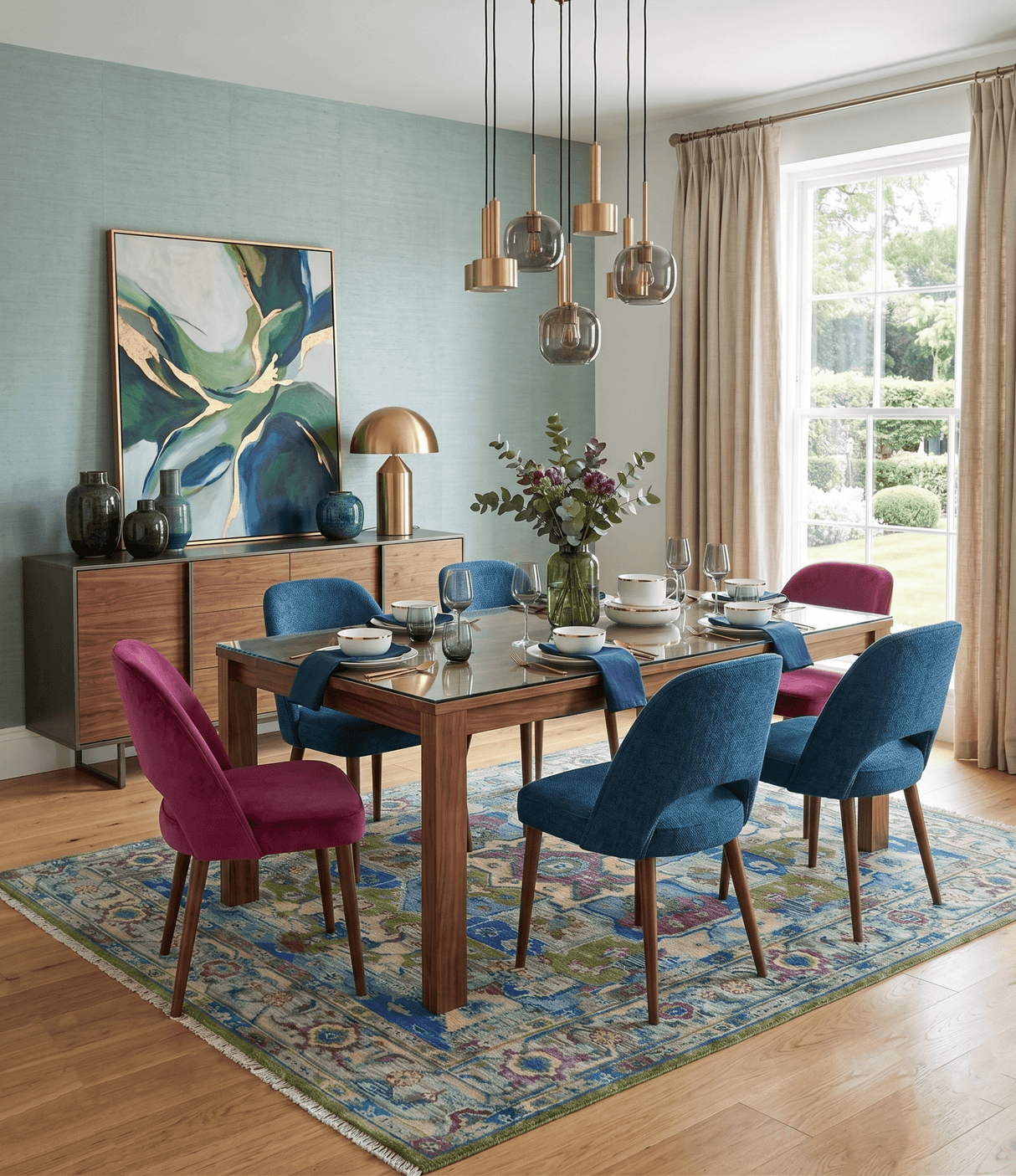 Modern Colorful Moss Green, Blue and Silver Traditional Turkish Design Heriz Wool Area Rug