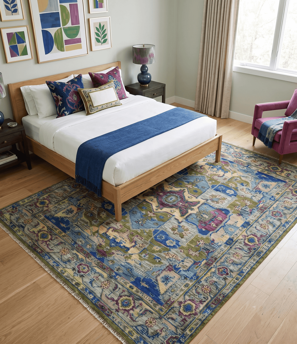 Modern Colorful Moss Green, Blue and Silver Traditional Turkish Design Heriz Wool Area Rug