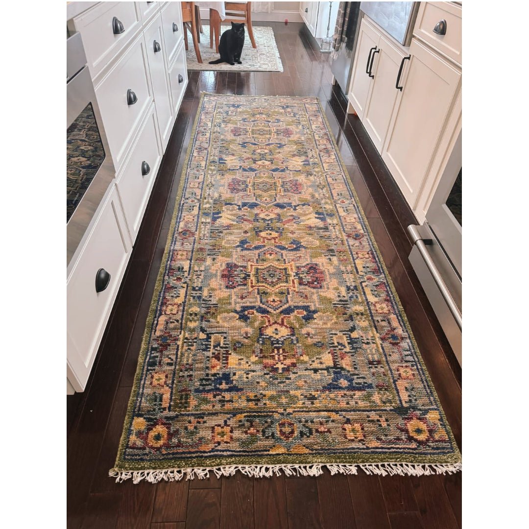 Modern Colorful Moss Green, Blue and Silver Traditional Turkish Design Heriz Wool Area Rug