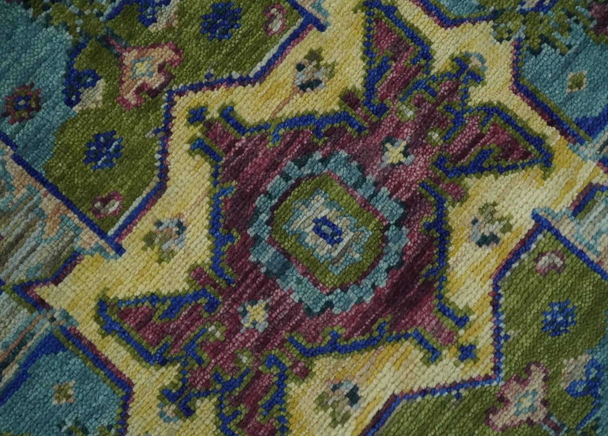 Modern Colorful Moss Green, Blue and Silver Traditional Turkish Design Heriz Wool Area Rug