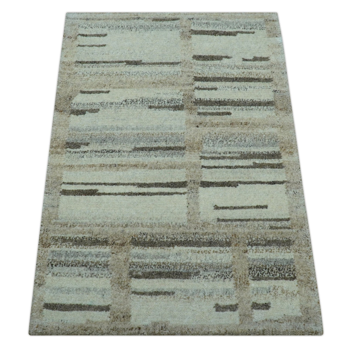 Modern Contemporary Beige Hand Knotted 2x3 Wool Area Rug