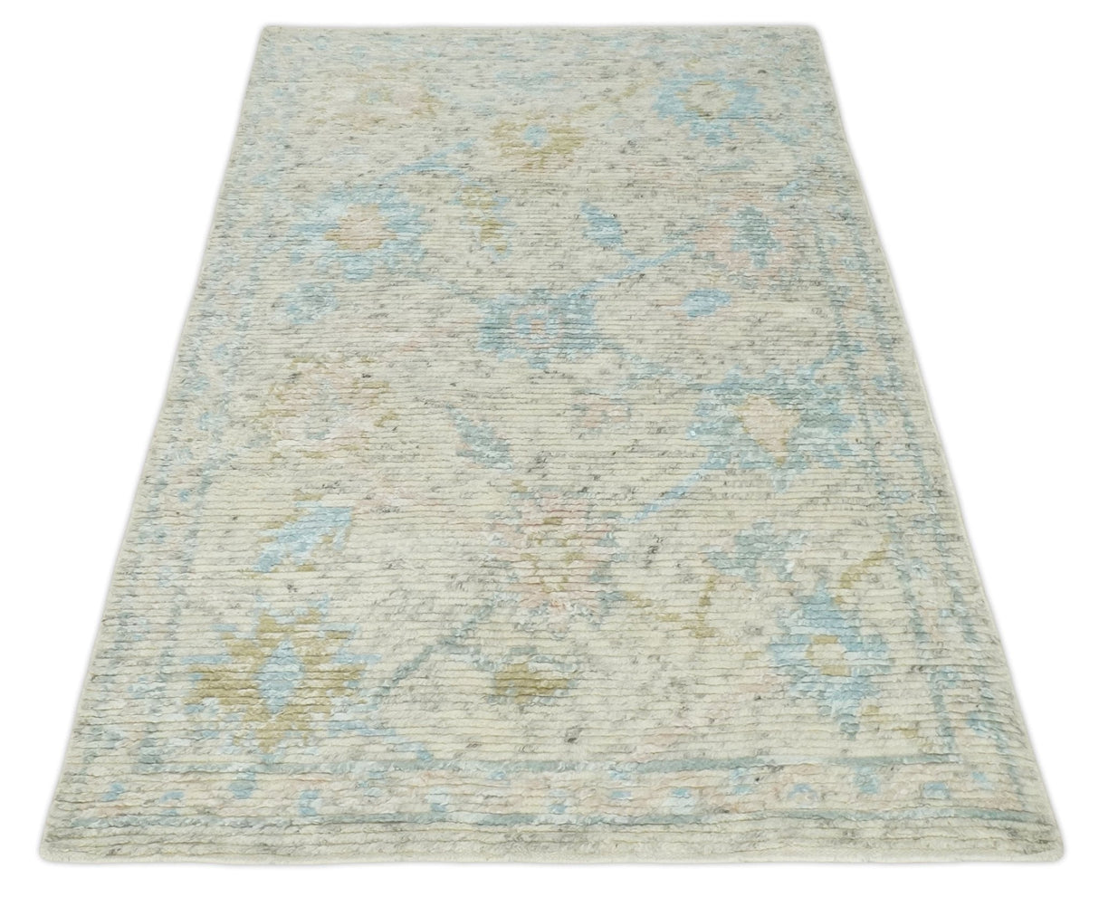 Modern Contemporary Ivory and Blue Hand Knotted Wool Rug