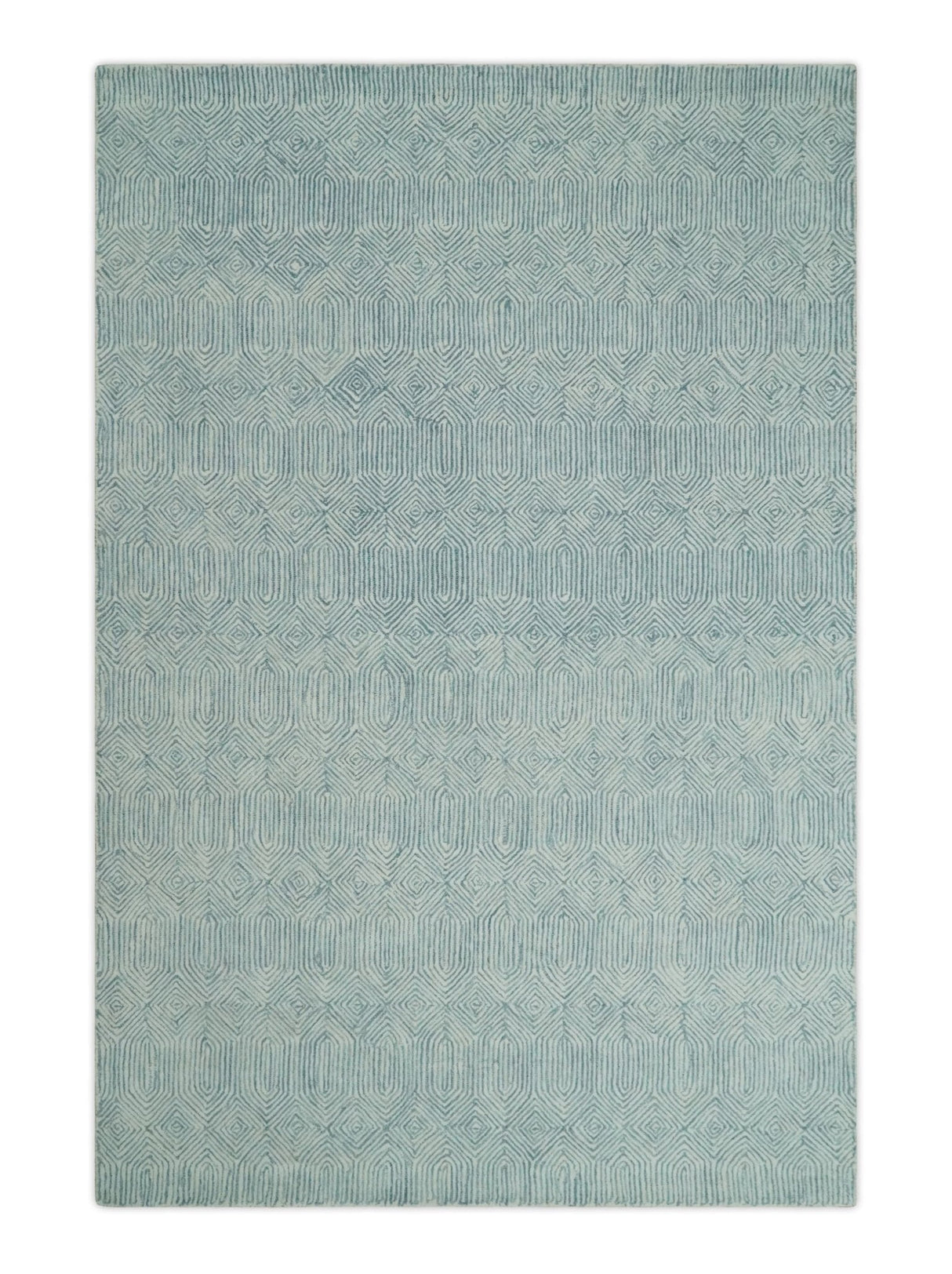 Modern Contemporary Style Teal and Ivory Hand Tufted Wool Area Rug
