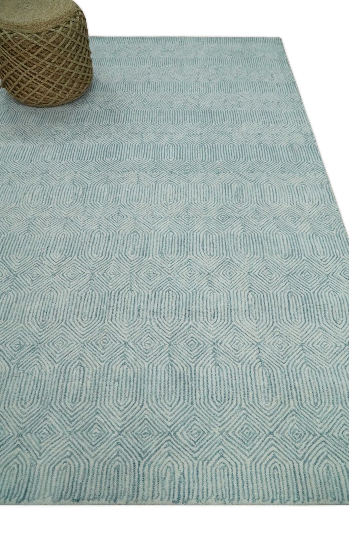 Modern Contemporary Style Teal and Ivory Hand Tufted Wool Area Rug