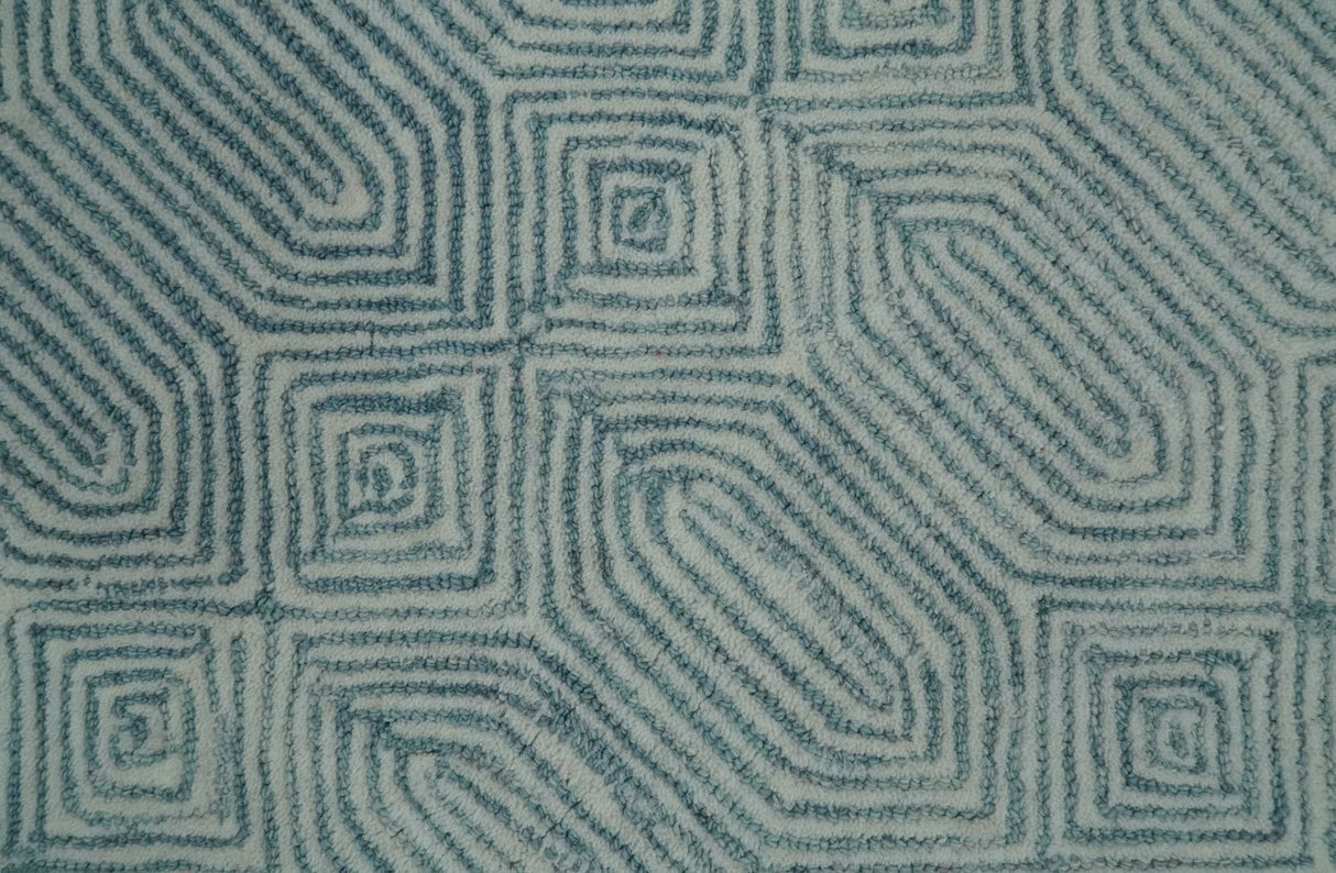 Modern Contemporary Style Teal and Ivory Hand Tufted Wool Area Rug