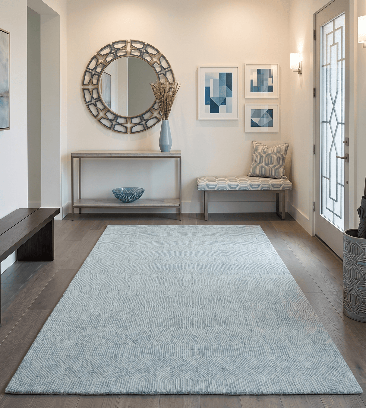 Modern Contemporary Style Teal and Ivory Hand Tufted Wool Area Rug