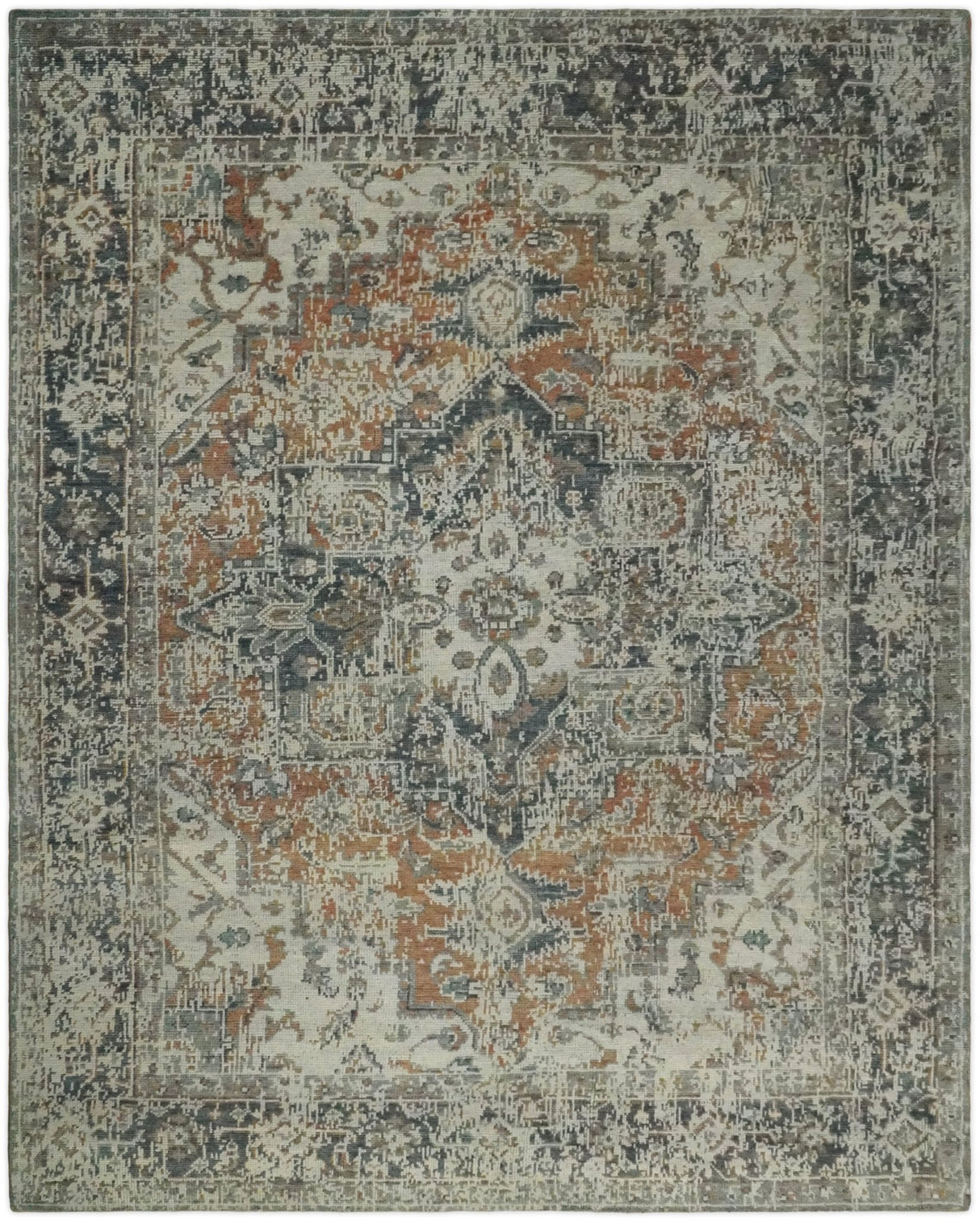 Distressed Traditional Turkish Brown And Charcoal Hand Knotted Wool Area Rug