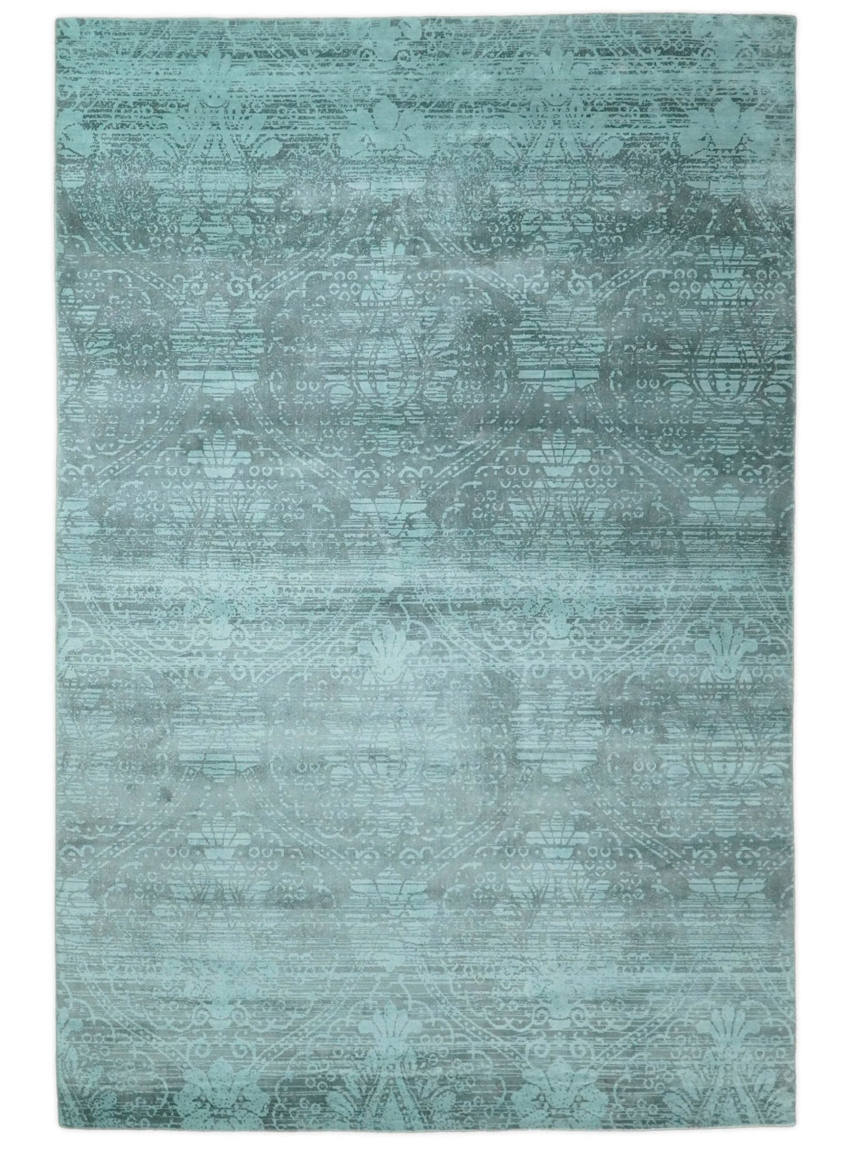 Modern Floral Design Teal Hand Loom Wool and Bamboo Silk 6x10 Area Rug
