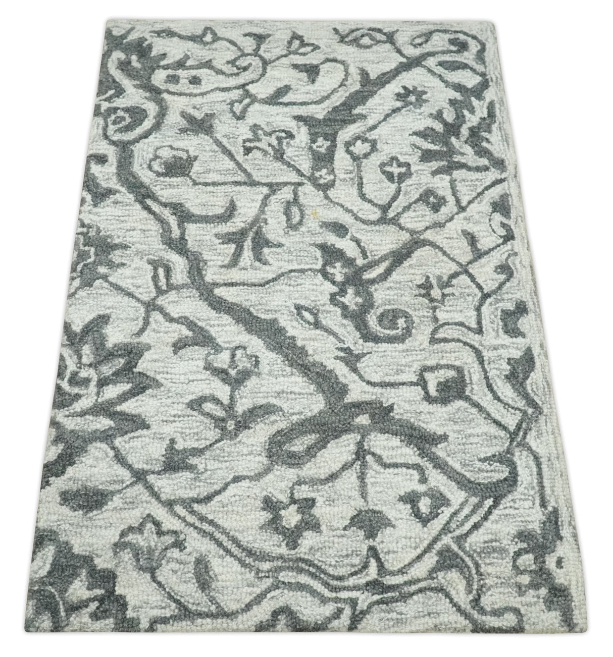 Modern Floral Ivory and Charcoal Hand Woven Area Wool Rug