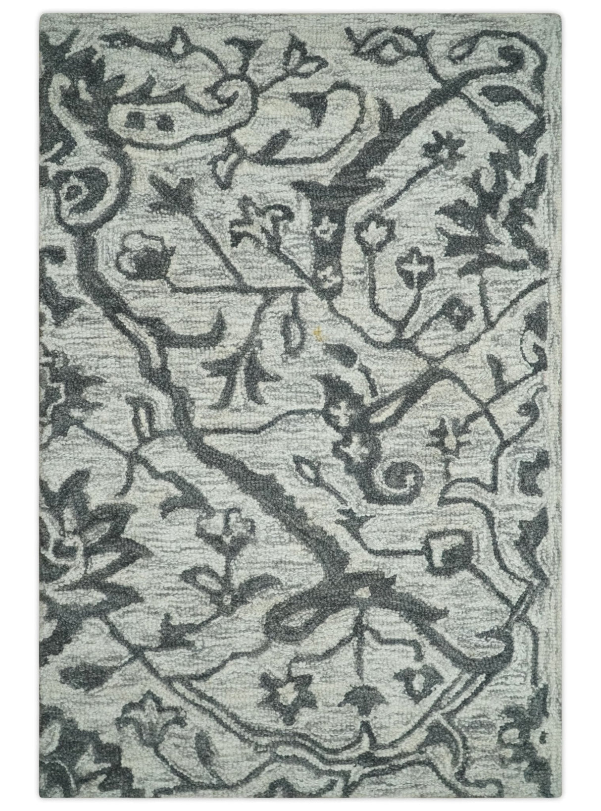 Modern Floral Ivory and Charcoal Hand Woven Area Wool Rug