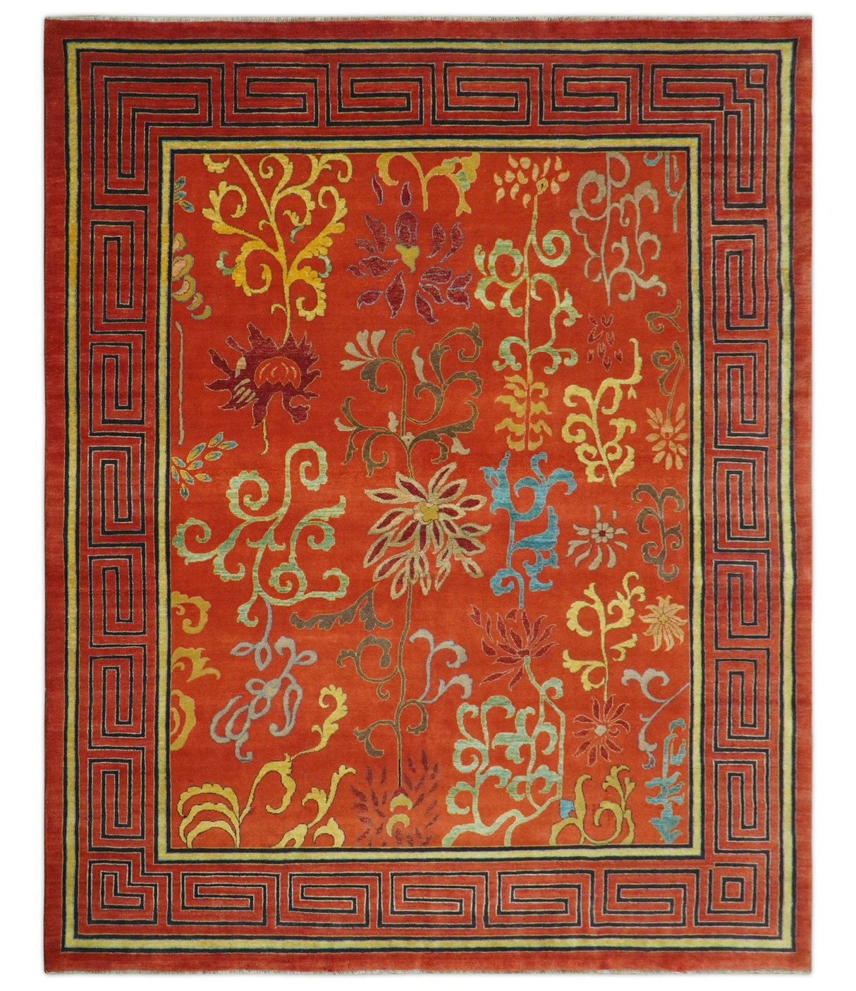 Modern Floral Orange 8x10 Hand Knotted wool Area Rug