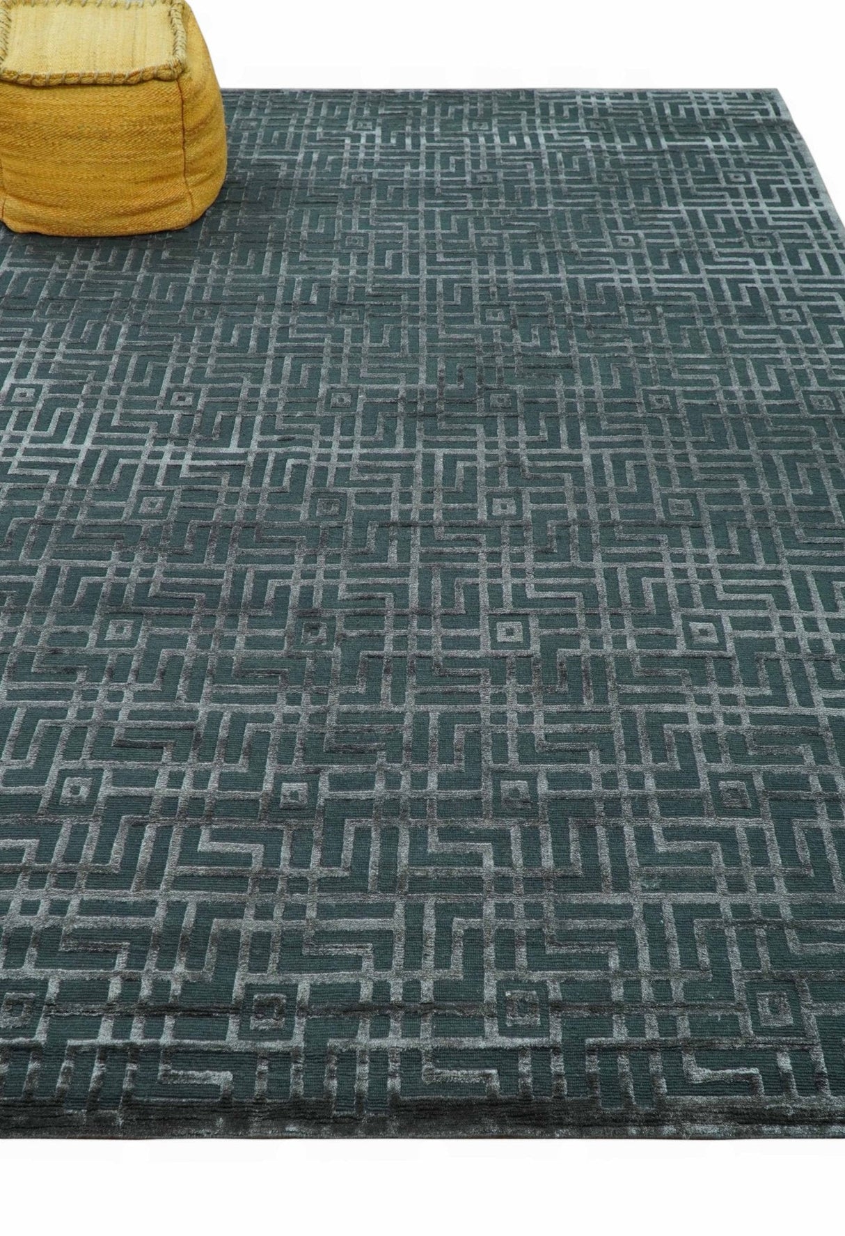 Modern Geometric Design Dark Teal And Silver 8x10 Hand Knotted Wool And Art Silk Rug-Area Rug-Parc Decor