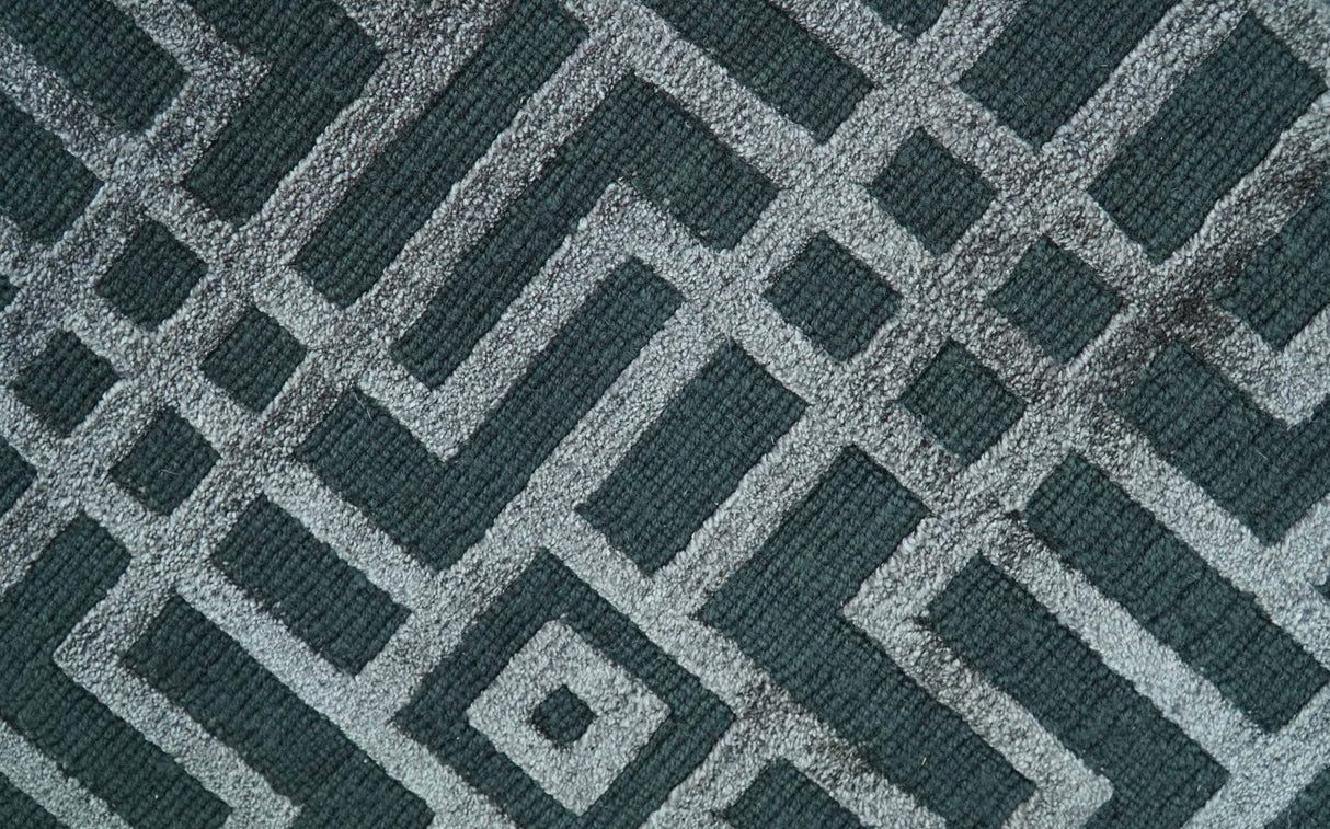 Modern Geometric Design Dark Teal And Silver 8x10 Hand Knotted Wool And Art Silk Rug-Area Rug-Parc Decor
