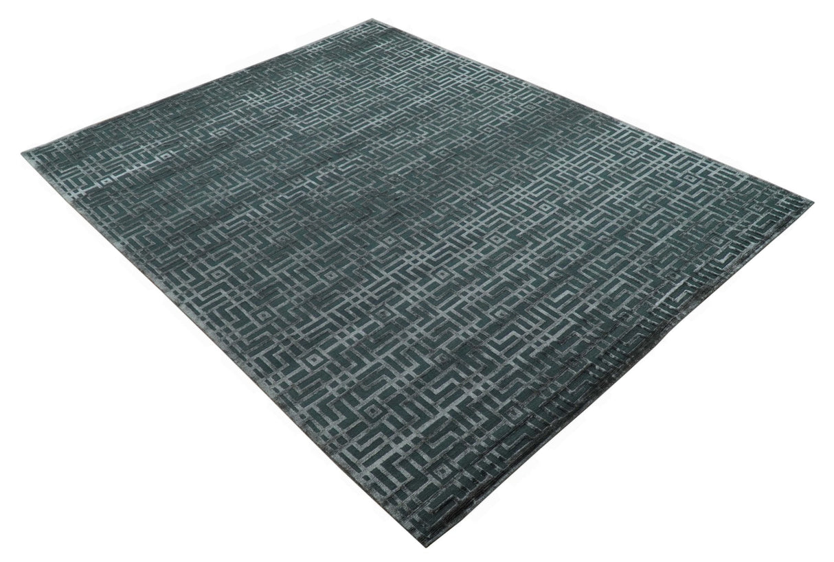 Modern Geometric Design Dark Teal And Silver 8x10 Hand Knotted Wool And Art Silk Rug-Area Rug-Parc Decor