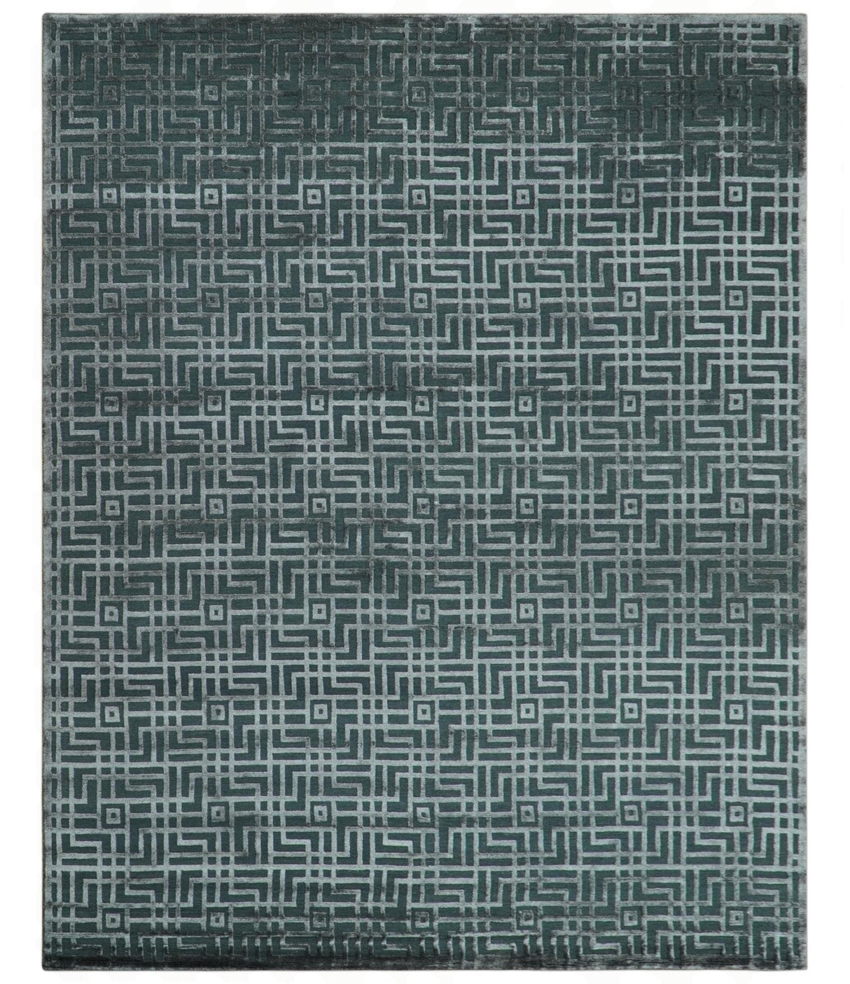 Modern Geometric Design Dark Teal And Silver 8x10 Hand Knotted Wool And Art Silk Rug-Area Rug-Parc Decor