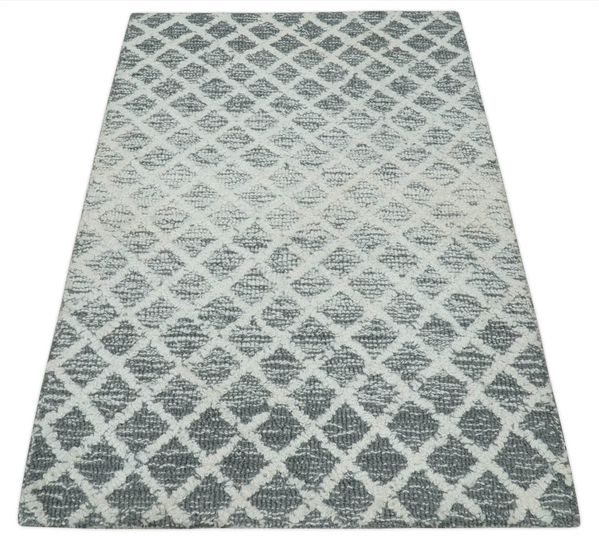 Modern Geometric Ivory and Charcoal Hand Tufted Natural Wool Area Rug