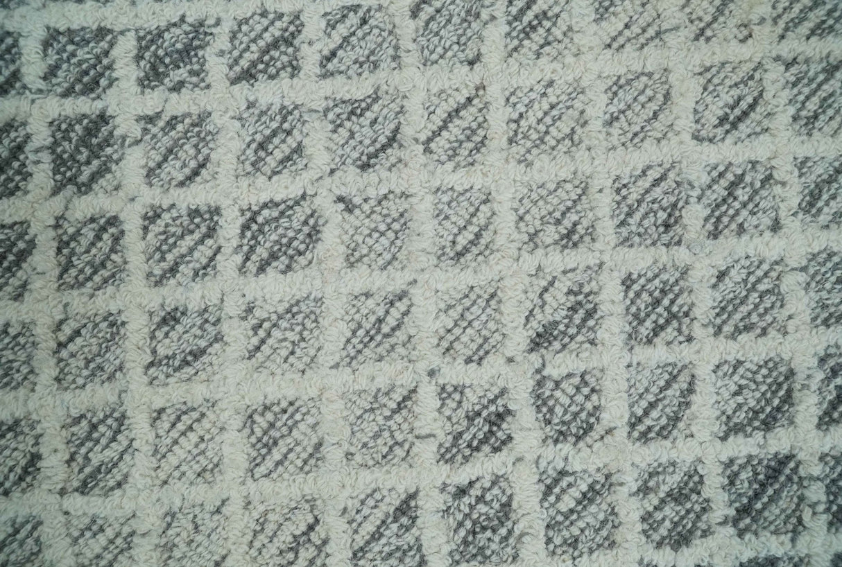 Modern Geometric Ivory and Charcoal Hand Tufted Natural Wool Area Rug