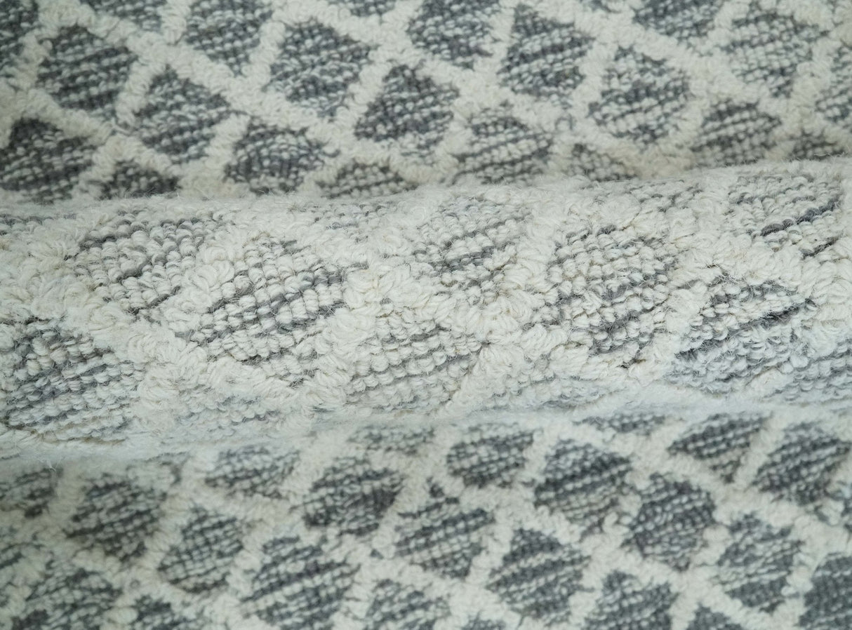 Modern Geometric Ivory and Charcoal Hand Tufted Natural Wool Area Rug