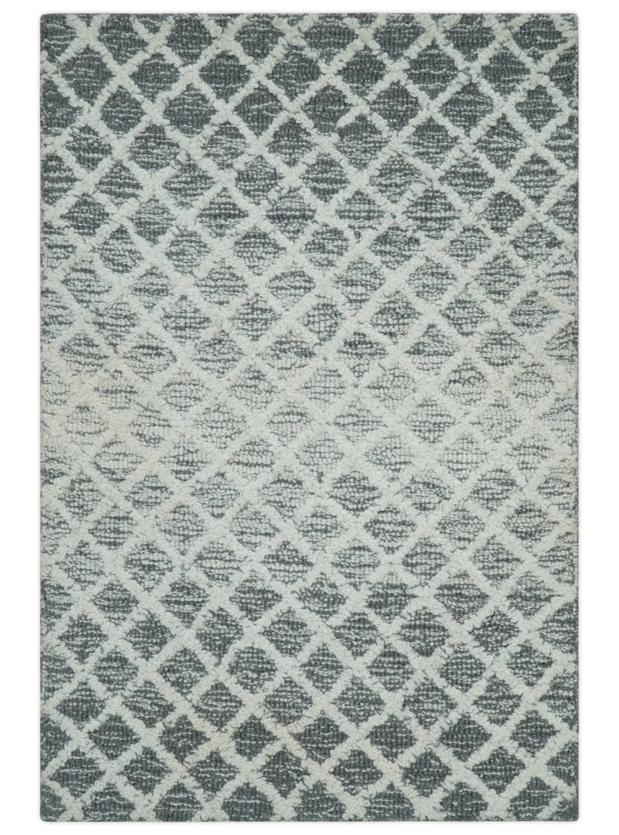 Modern Geometric Ivory and Charcoal Hand Tufted Natural Wool Area Rug