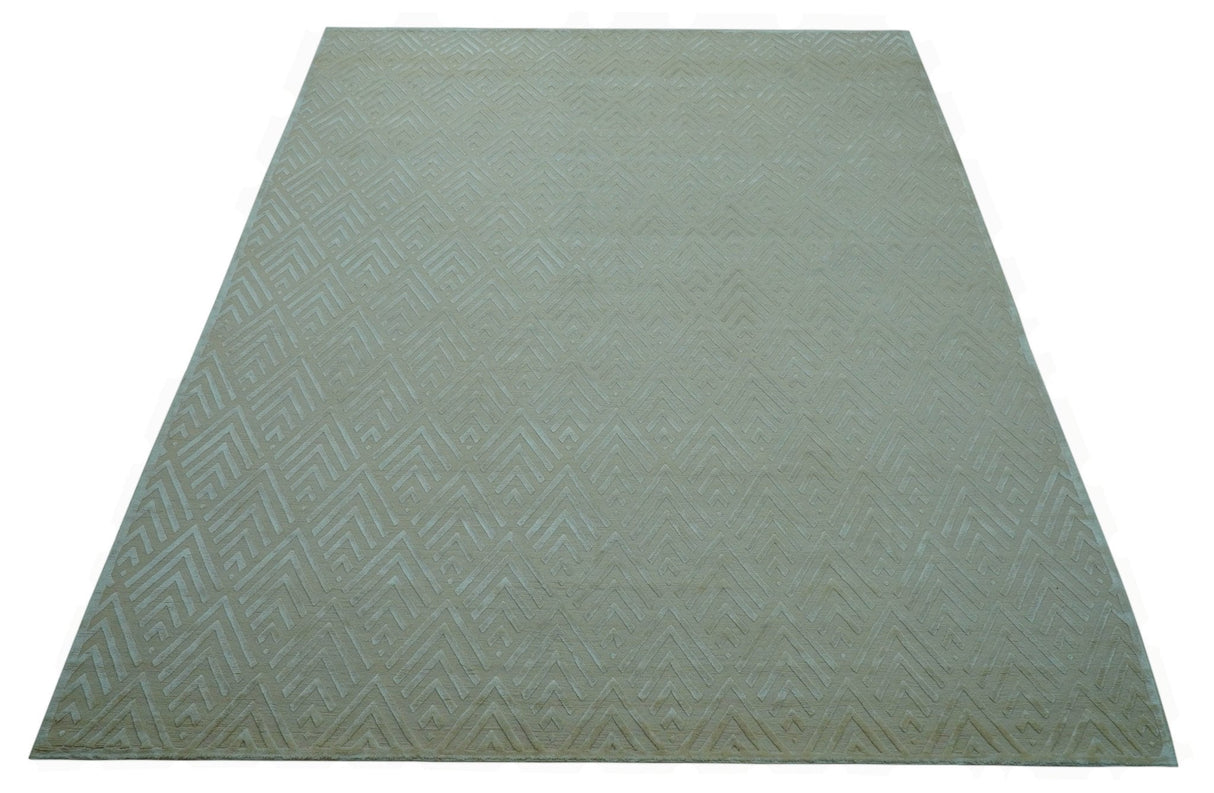 Modern Geometric Pattern Ivory And Beige Hand Knotted 9x12 Area Rug
