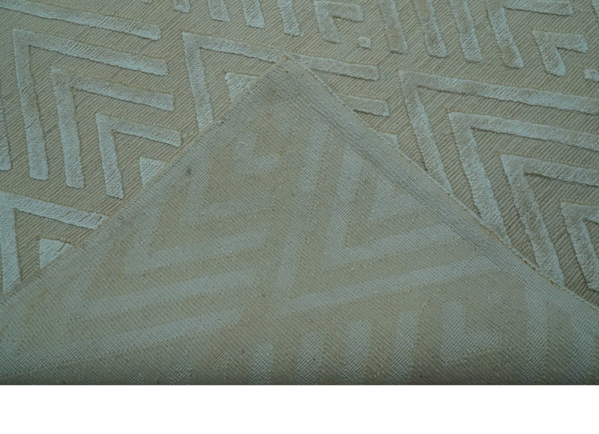 Modern Geometric Pattern Ivory And Beige Hand Knotted 9x12 Area Rug