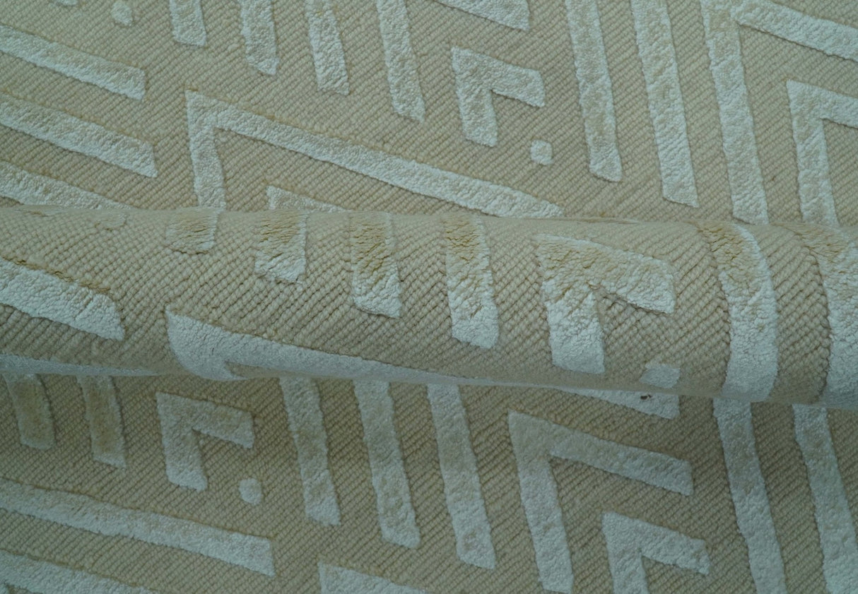Modern Geometric Pattern Ivory And Beige Hand Knotted 9x12 Area Rug