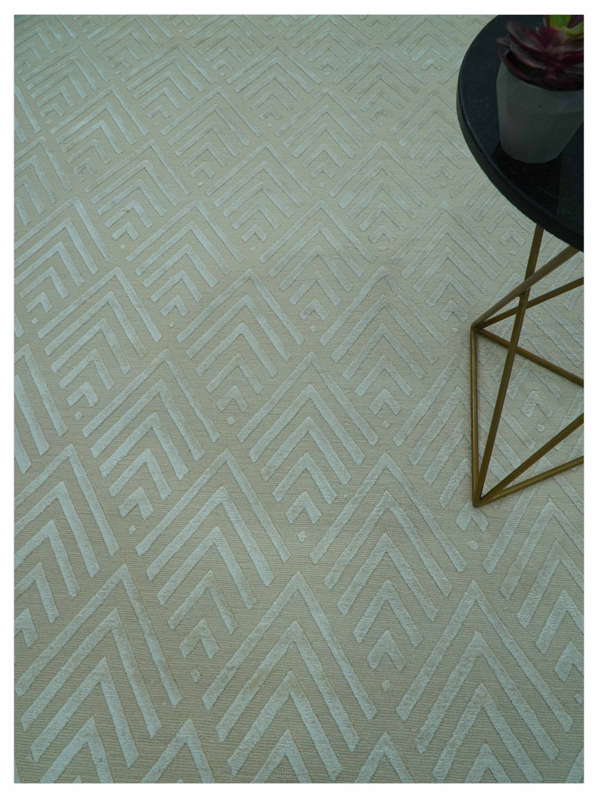 Modern Geometric Pattern Ivory And Beige Hand Knotted 9x12 Area Rug
