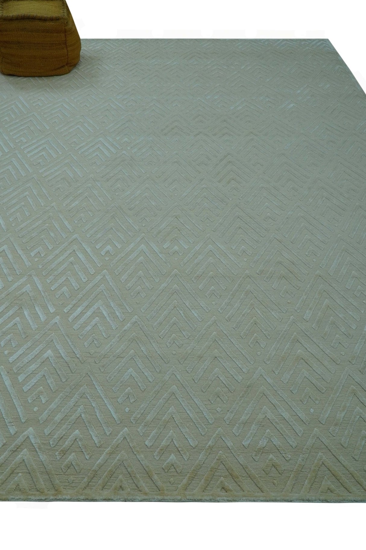 Modern Geometric Pattern Ivory And Beige Hand Knotted 9x12 Area Rug