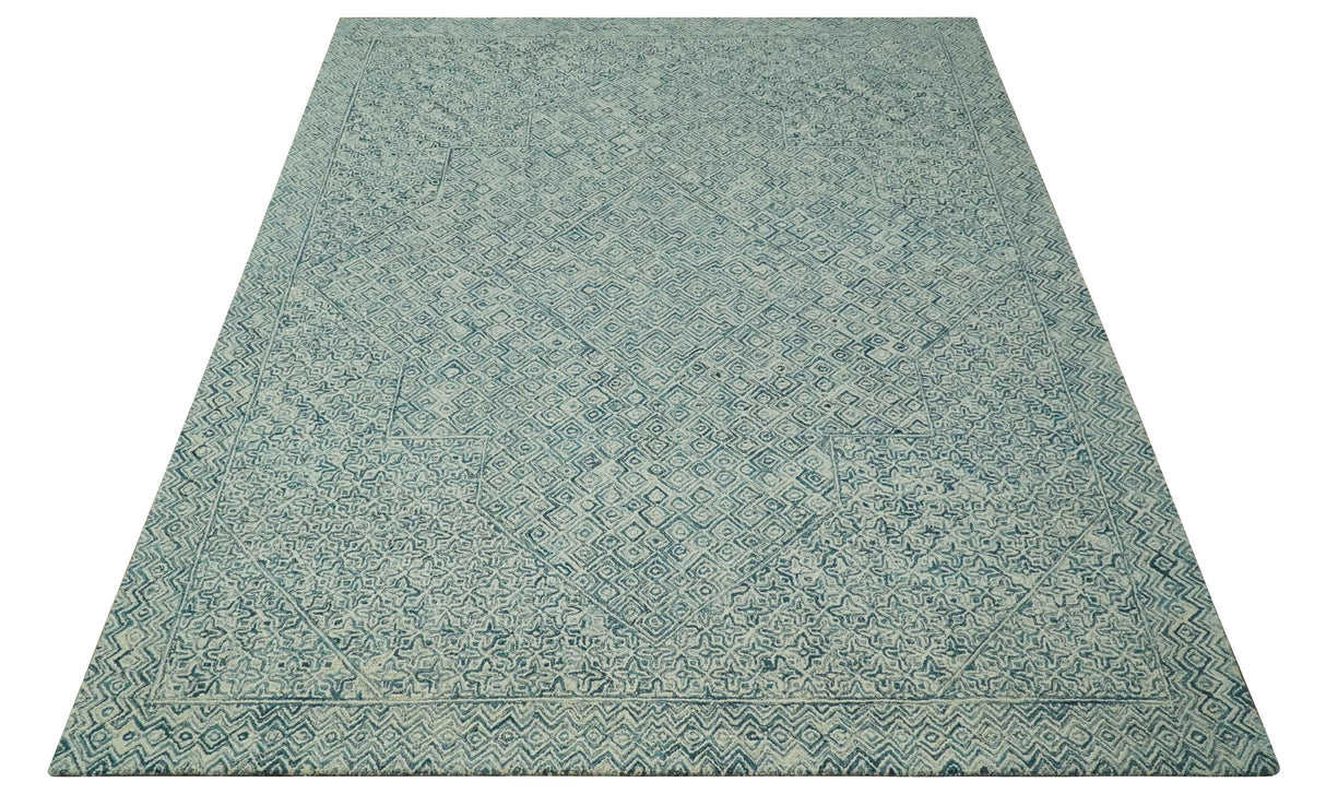 Modern Geometrical 8x10 Teal and Ivory Hand Tufted wool area rug