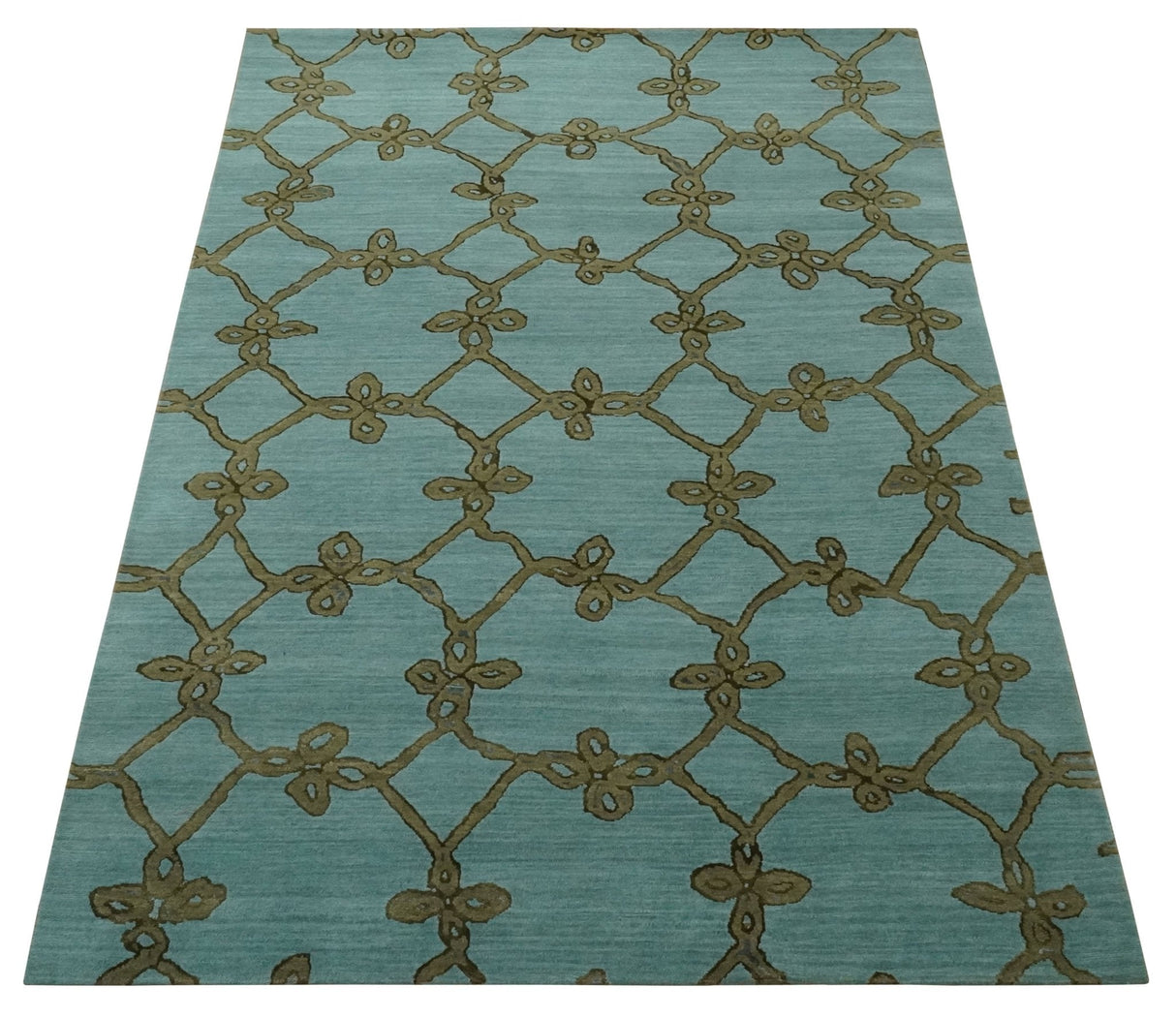 Modern Geometrical Aqua, Camel and Charcoal 6x9 Hand loom Wool and Art Silk Area Rug-Area Rug-Parc Decor
