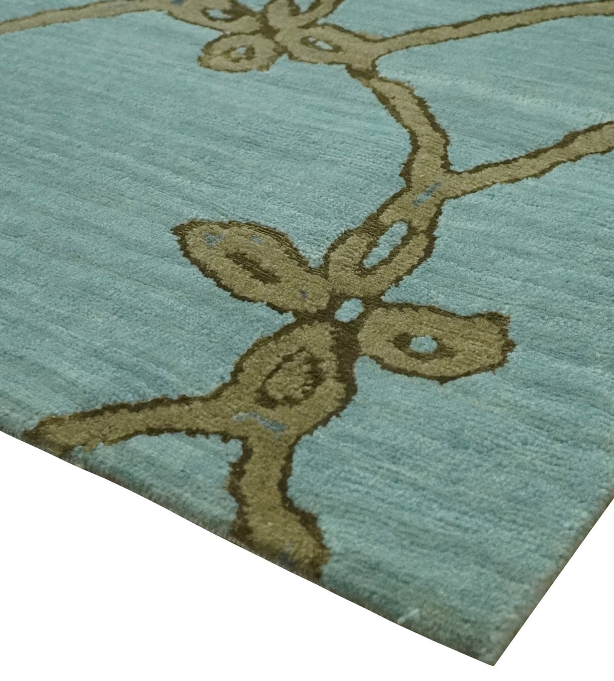 Modern Geometrical Aqua, Camel and Charcoal 6x9 Hand loom Wool and Art Silk Area Rug-Area Rug-Parc Decor
