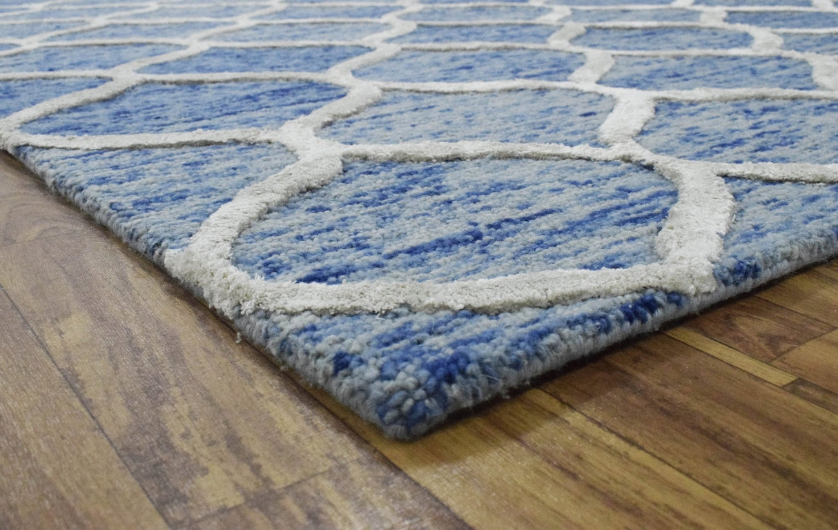 Modern Geometrical Blue Hand Tufted Wool 5x8 Area Rug