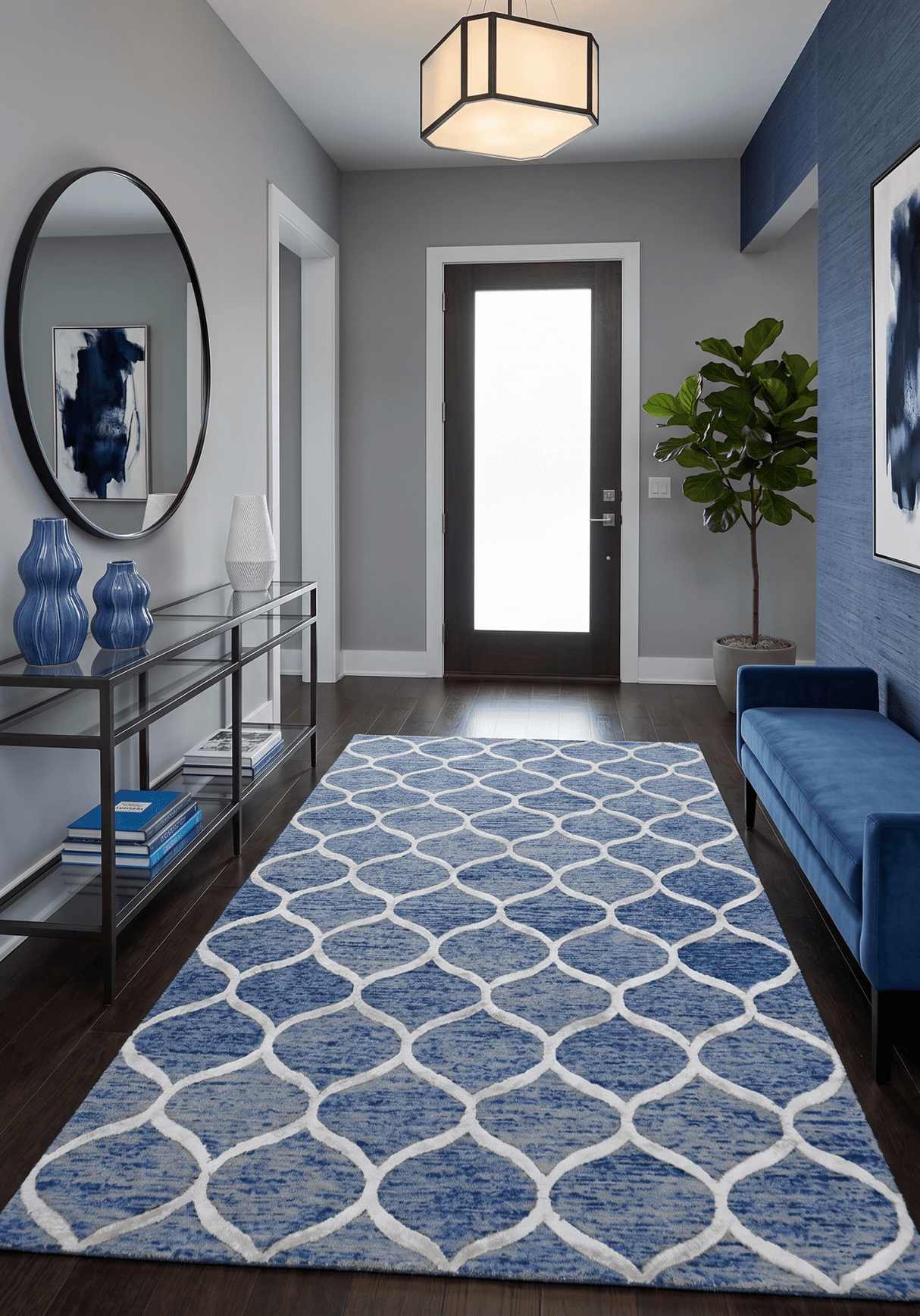 Modern Geometrical Blue Hand Tufted Wool 5x8 Area Rug