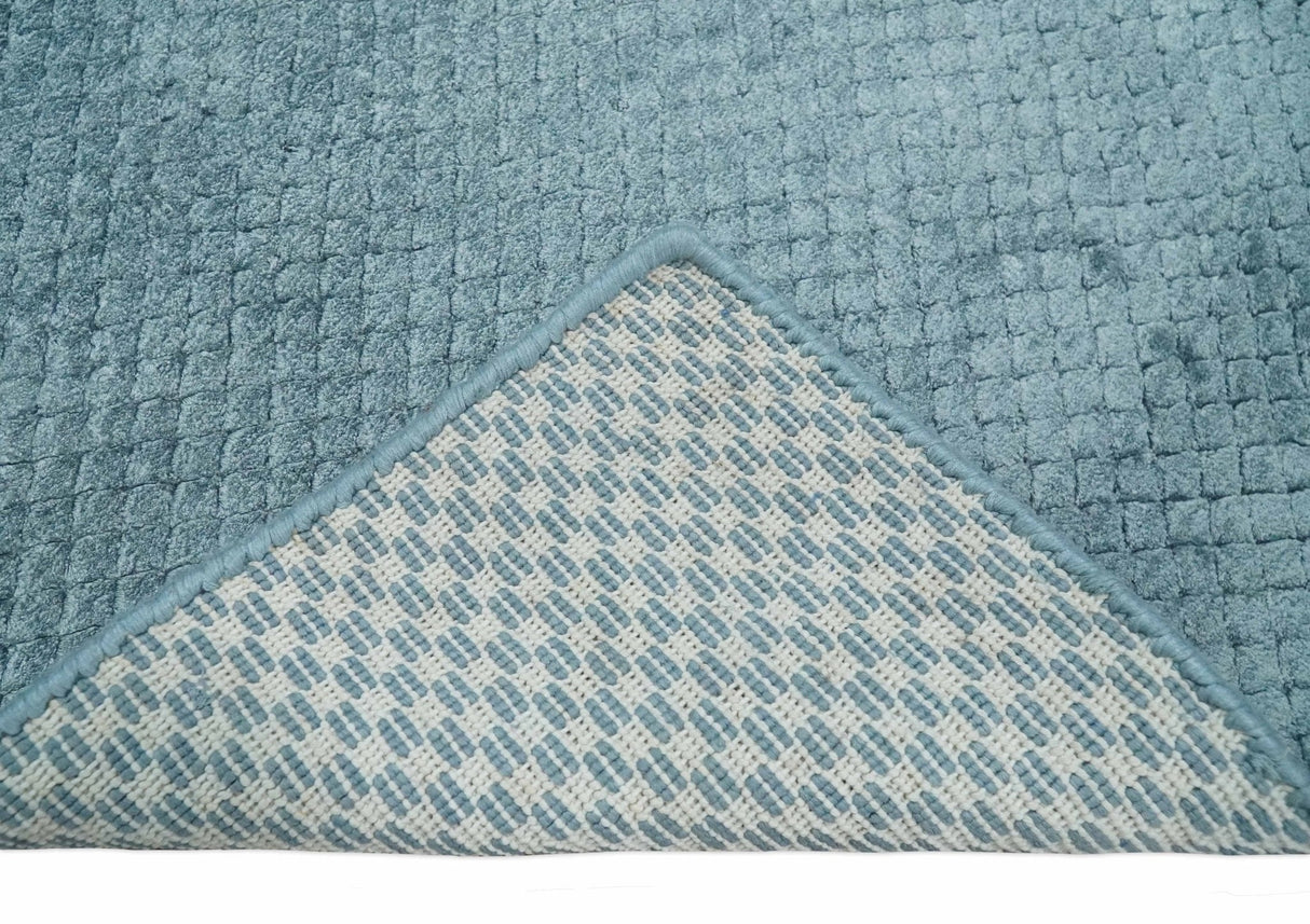 Modern Geometrical Cross Square Hand Made 2x4 Aqua Blue Art Silk Area Rug-Area Rug-Parc Decor